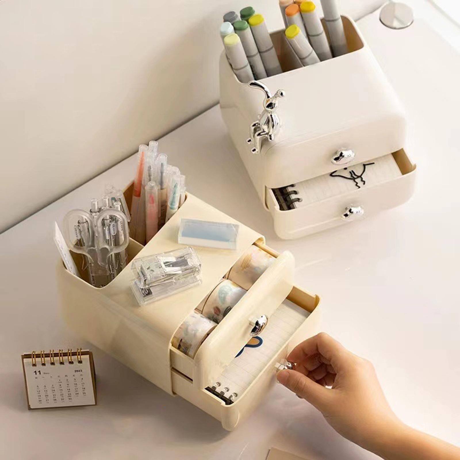 Pen Holder with 2 Drawer Desk Stationery Box for Desktop Office Supplies White