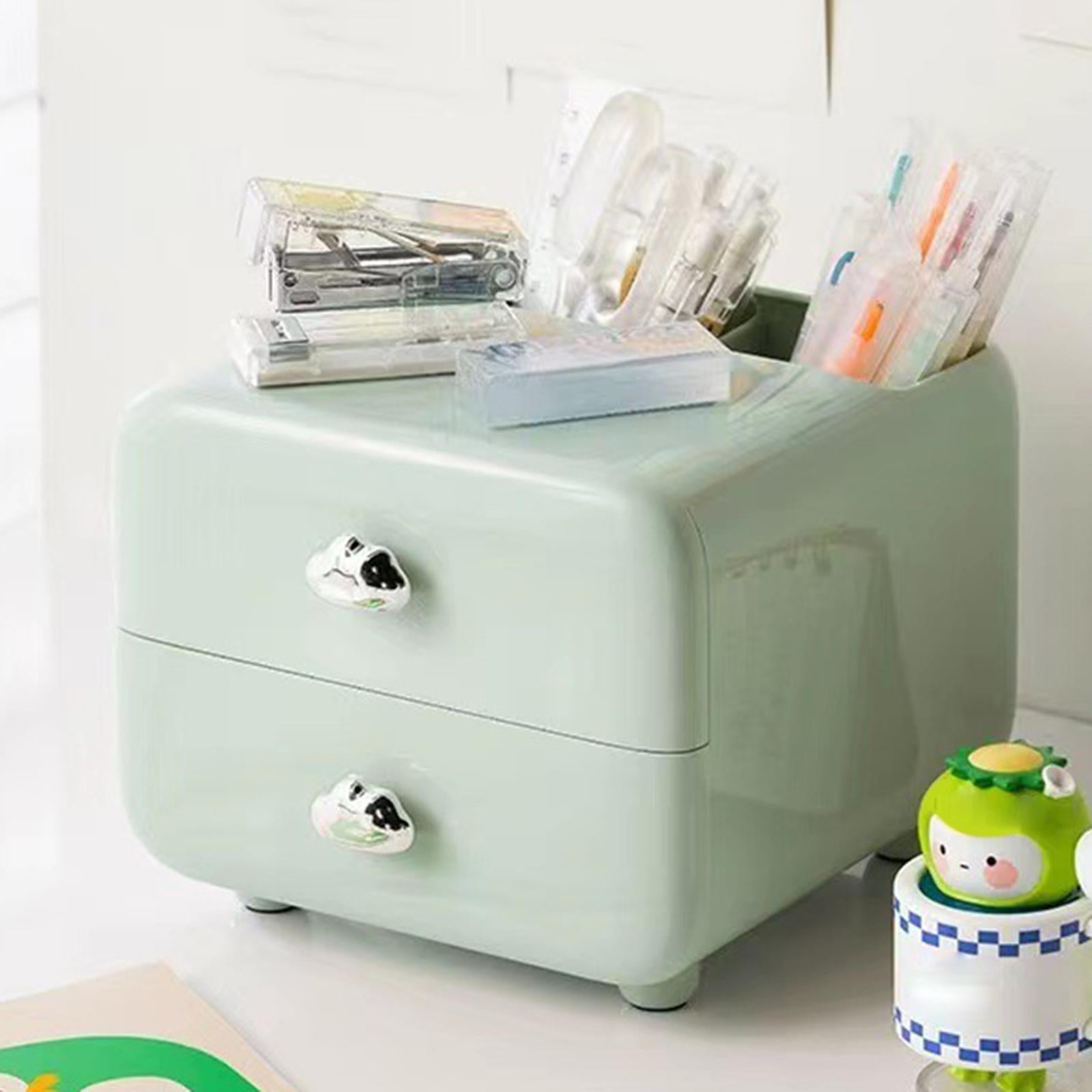 Pen Holder with 2 Drawer Desk Stationery Box for Desktop Office Supplies Green