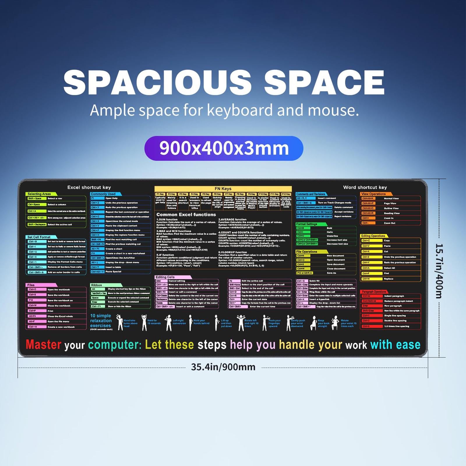 Shortcuts Mouse Pad Smooth Non Slip Gaming Mouse Pad for Working Home Typing 40x90x0.3cm