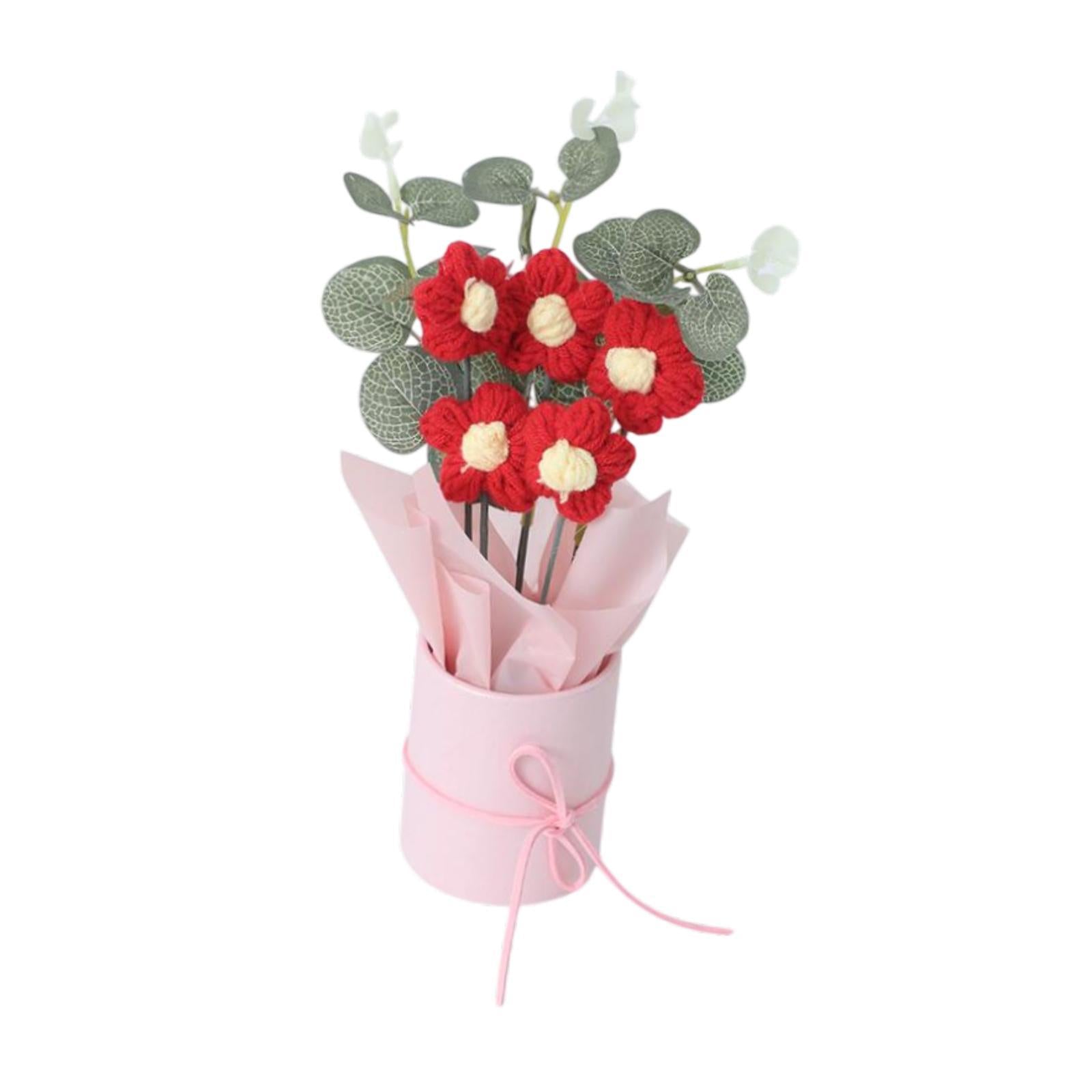 Crochet Flower Bouquet Cute Artificial Flowers for Anniversaries Family Home Red
