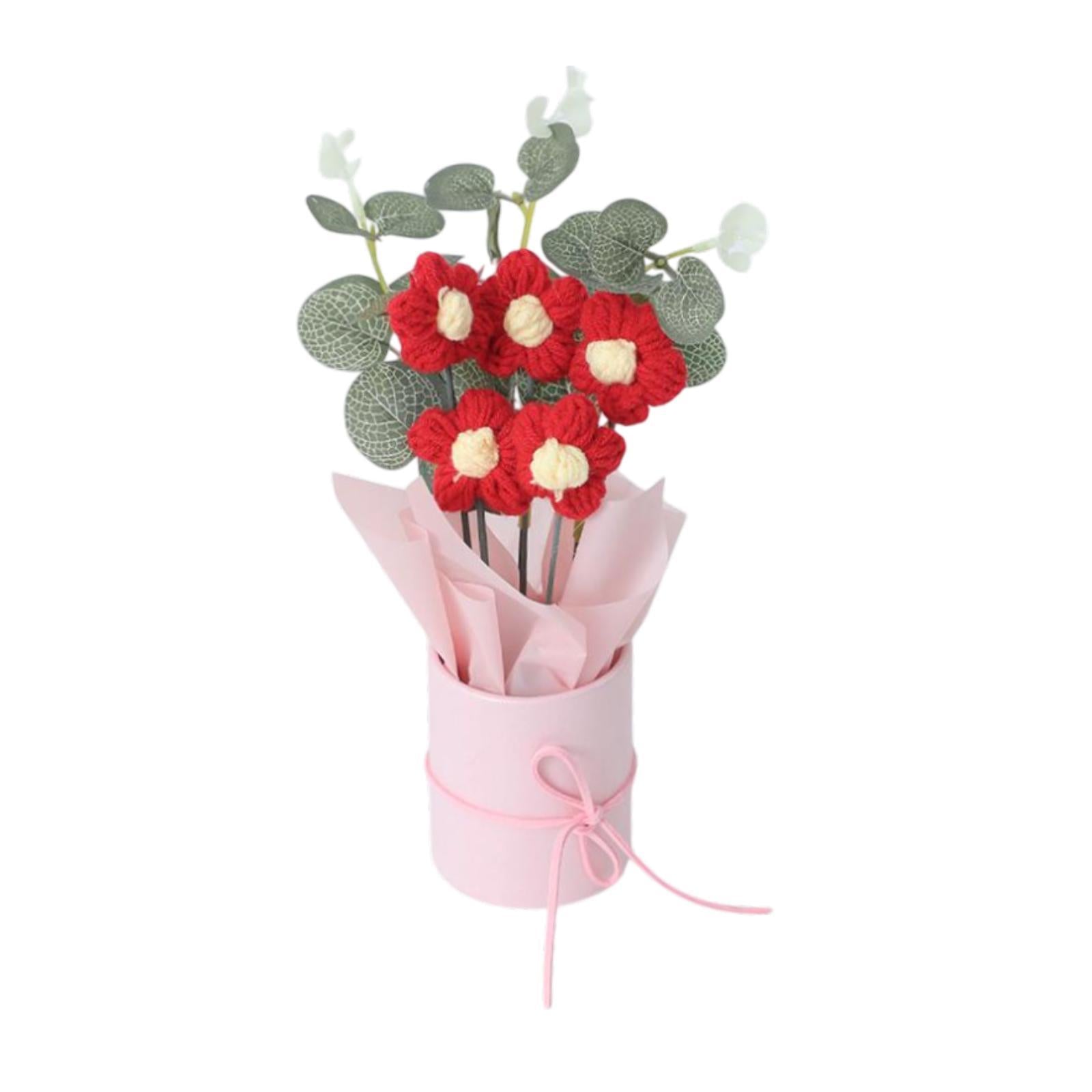 Crochet Flower Bouquet Cute Artificial Flowers for Anniversaries Family Home Red