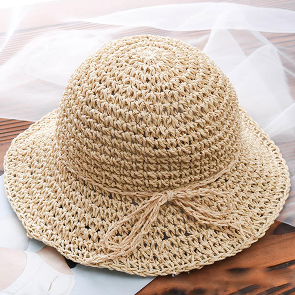 Kids Girls Straw Sun Hat Floppy Summer Beach Cap Beige