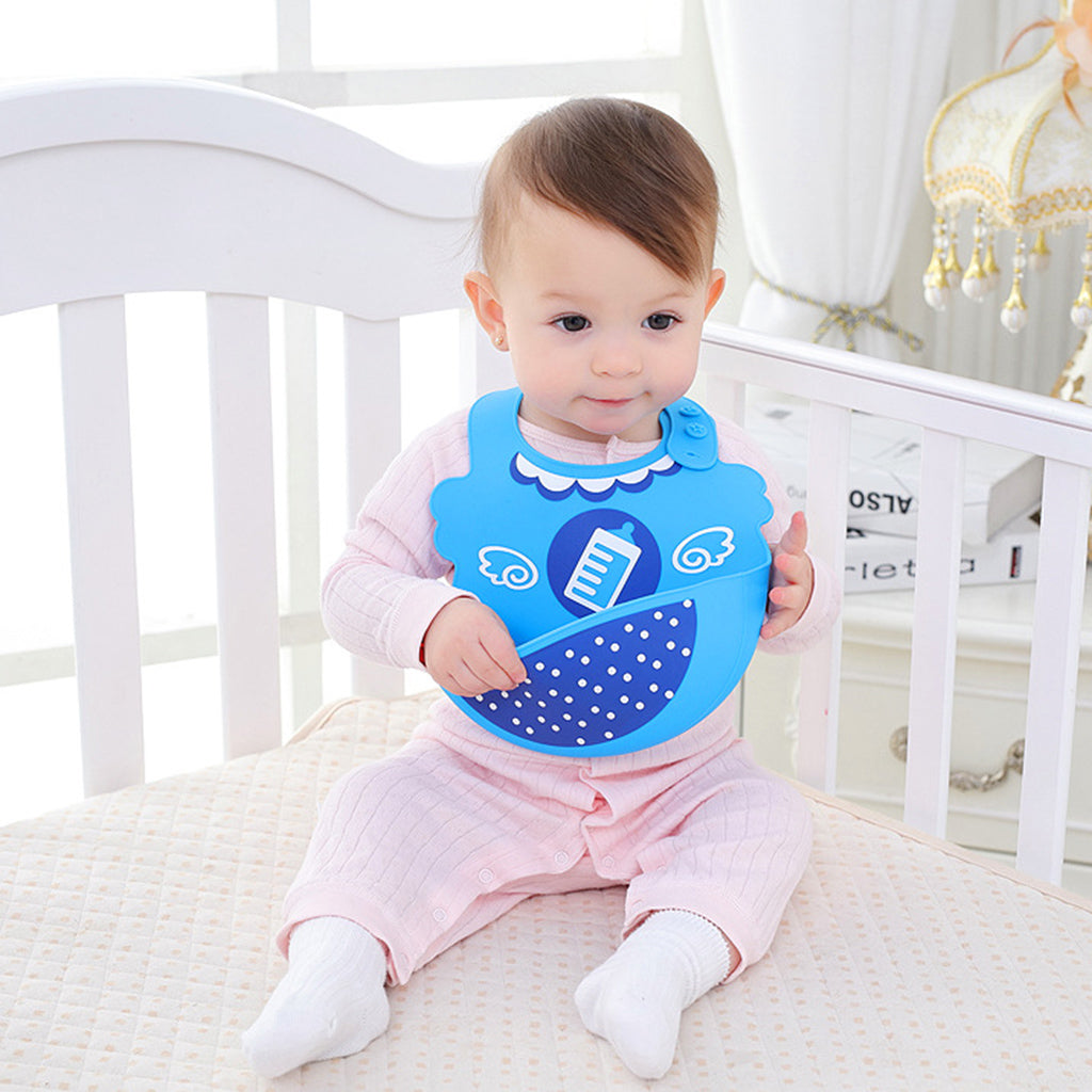 Infant Baby Washable Silicone Feeding Bib Cute Cartoon Bib M Blue Feeder