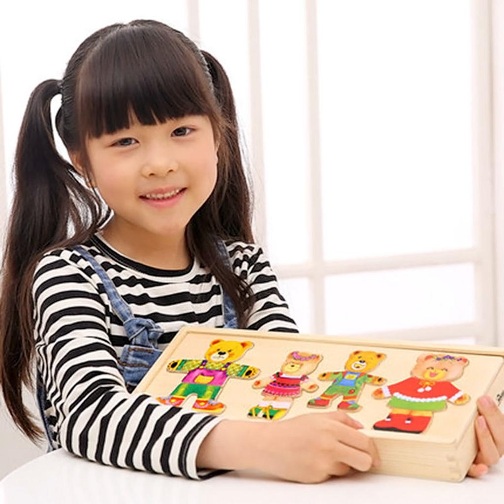 Wooden Jigsaw Puzzle Educational Toys Bear Family Dress Up Games for Kids