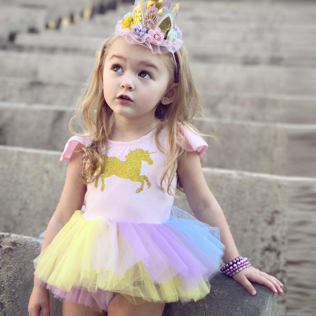 Kids Baby Girls Unicorn Bridesmaid Party Pageant Formal Tulle Dress 12-18 Months Pink