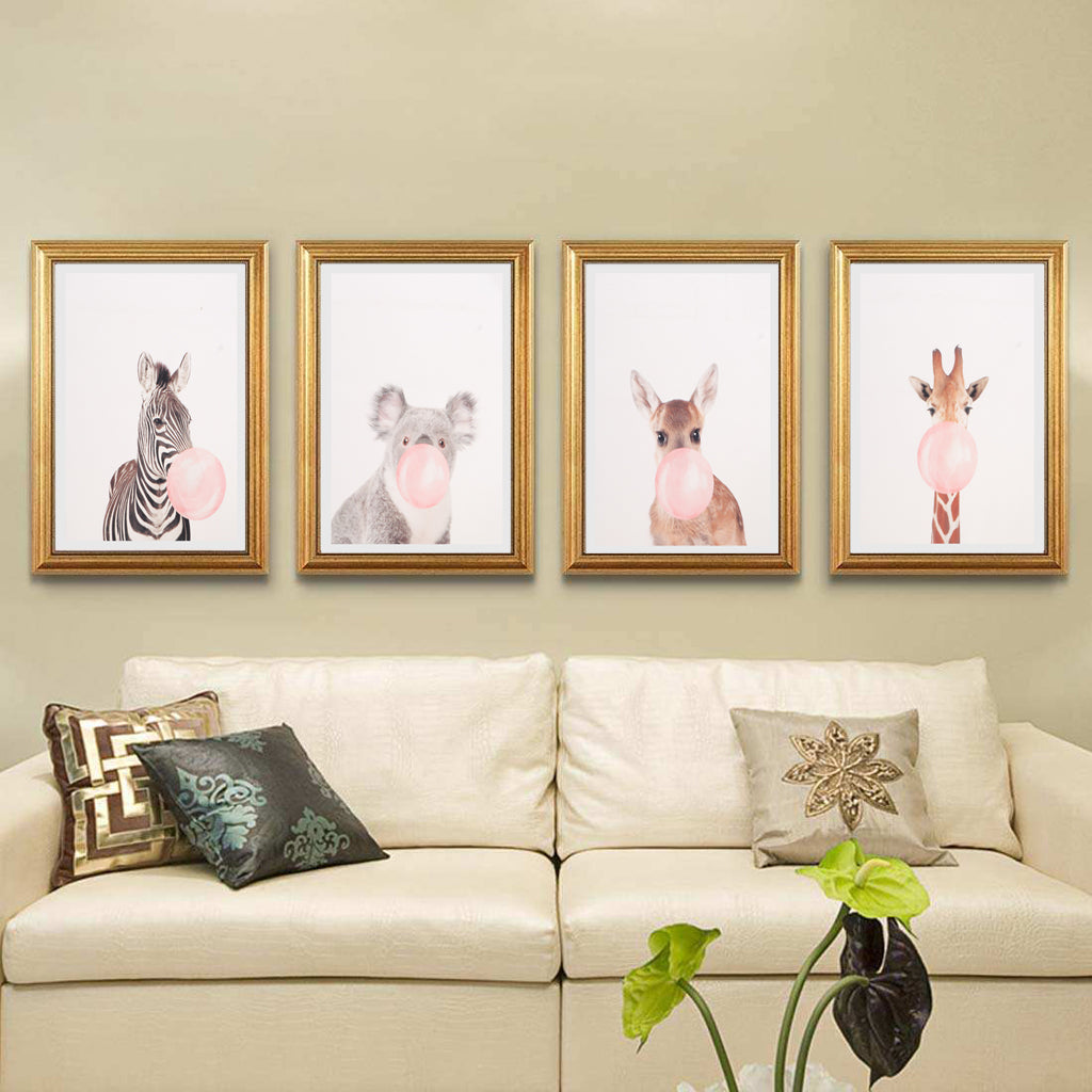 4 Panel Oil Print Painting on Canvas, Wall Artwork Picutre Painting for Living Room Bedroom Decor - Animal Blow Bubble Gum