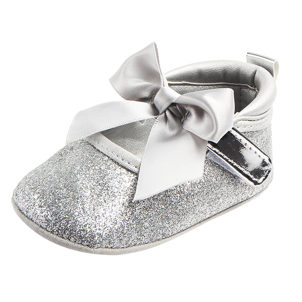 Shining Baby Bling Anti-Slip Girl Bowknot Princess Shoes 0-6 Months Silver