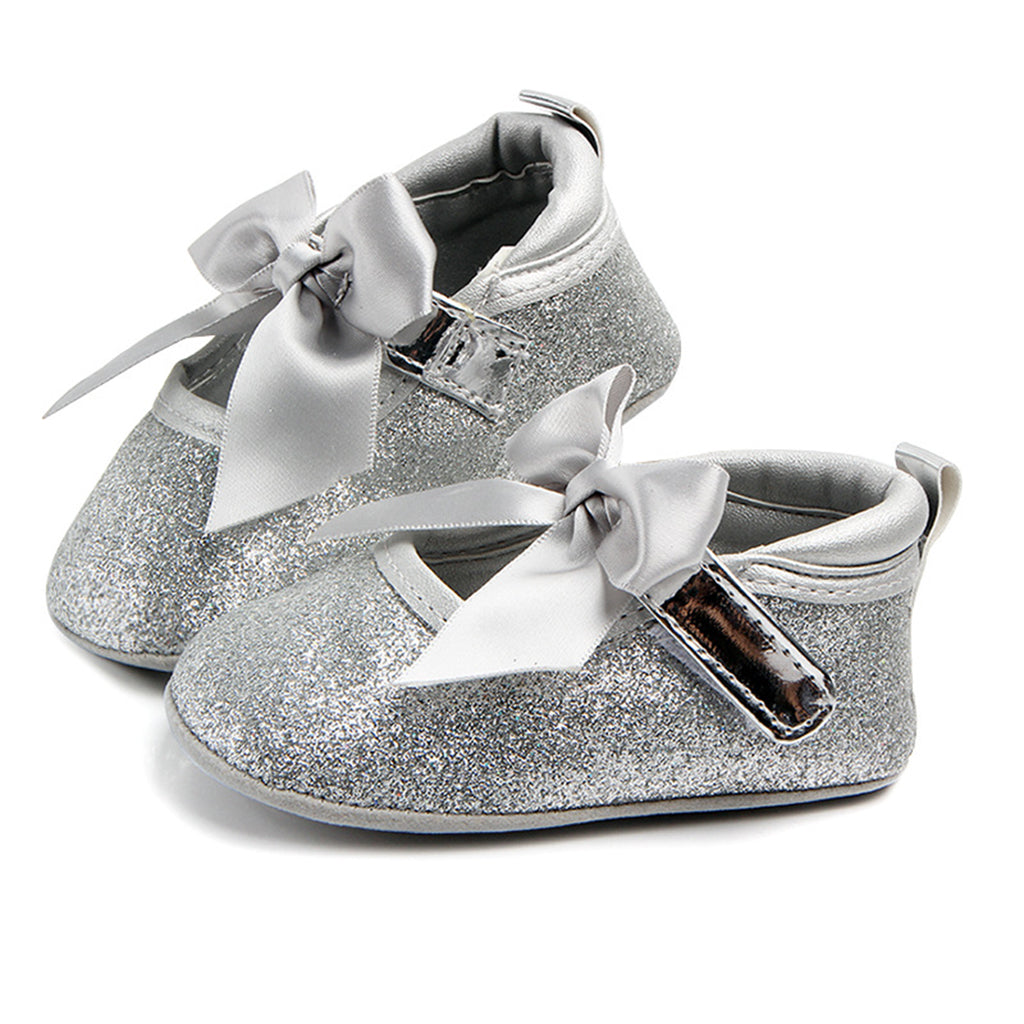 Shining Baby Bling Anti-Slip Girl Bowknot Princess Shoes 0-6 Months Silver