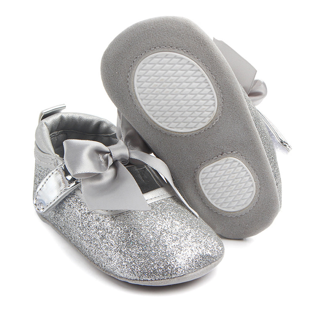 Shining Baby Bling Anti-Slip Girl Bowknot Princess Shoes 0-6 Months Silver