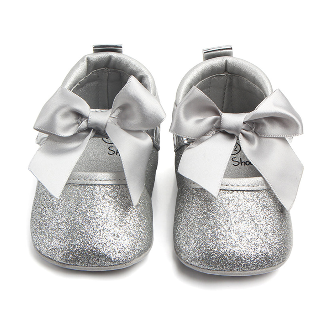 Shining Baby Bling Anti-Slip Girl Bowknot Princess Shoes 0-6 Months Silver