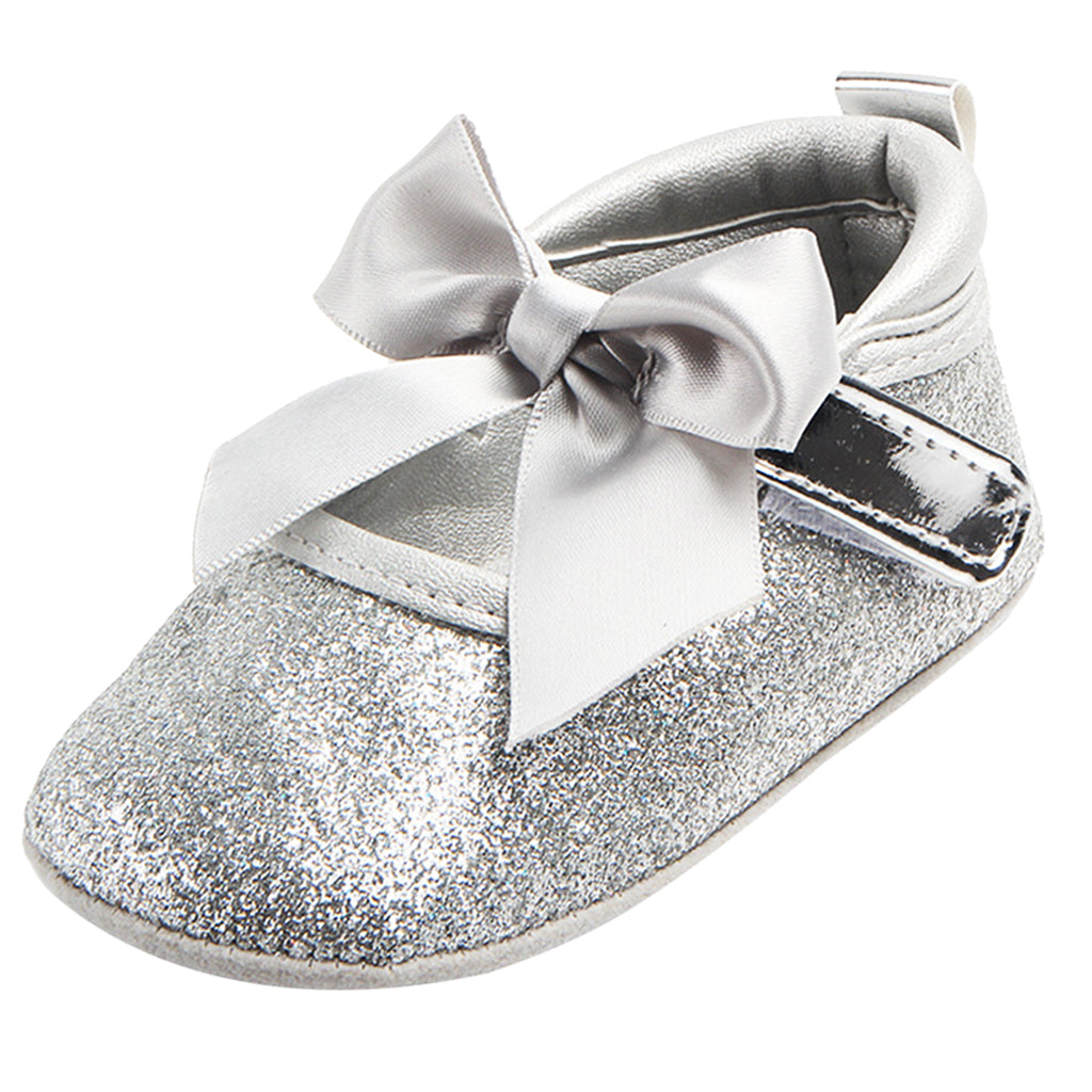 Shining Baby Bling Anti-Slip Girl Bowknot Princess Shoes 0-6 Months Silver