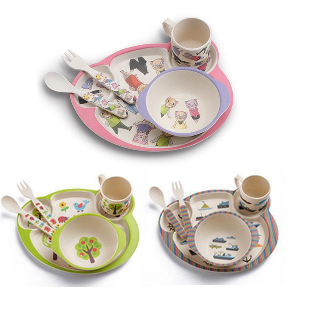 Bamboo Baby Tableware Bowl Cup Plate 5pc/set Cartoon Tableware Green 2