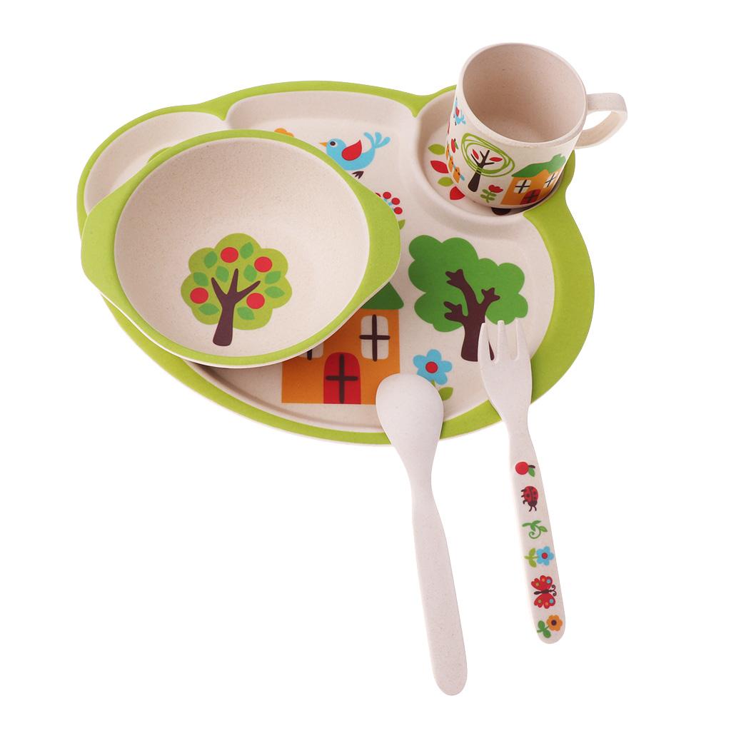 Bamboo Baby Tableware Bowl Cup Plate 5pc/set Cartoon Tableware Green 2