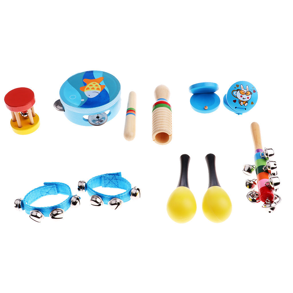 Kid Wooden Toy Percussion Musical Instrument Set 10Pcs for Boy