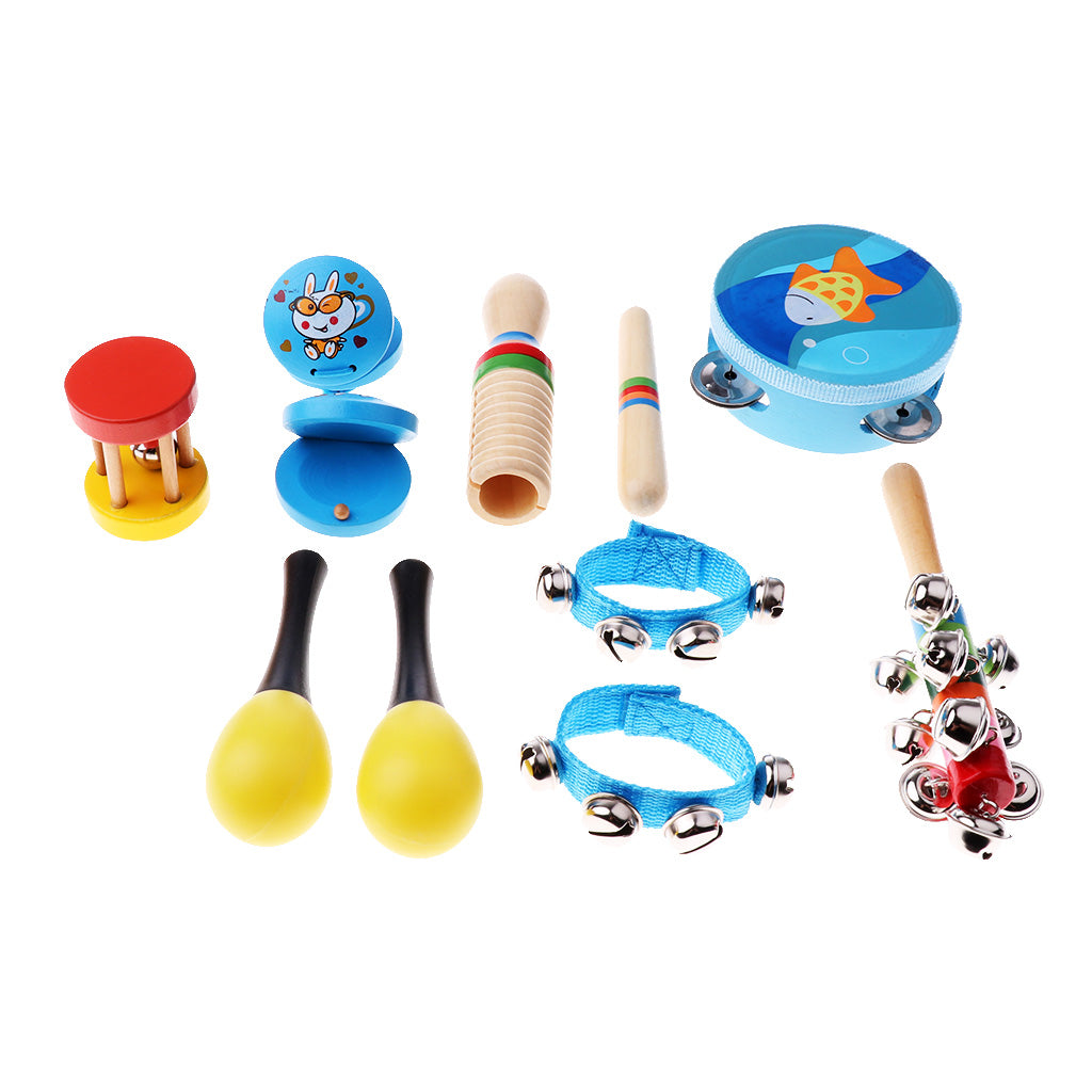 Kid Wooden Toy Percussion Musical Instrument Set 10Pcs for Boy