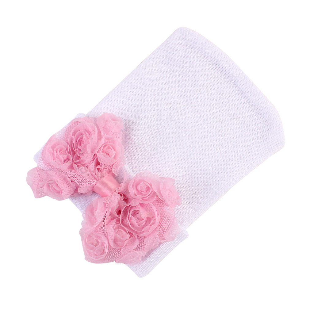Cute Newborn Baby Hospital Hats Big Bow Knot Toddler Knit Cap White pink