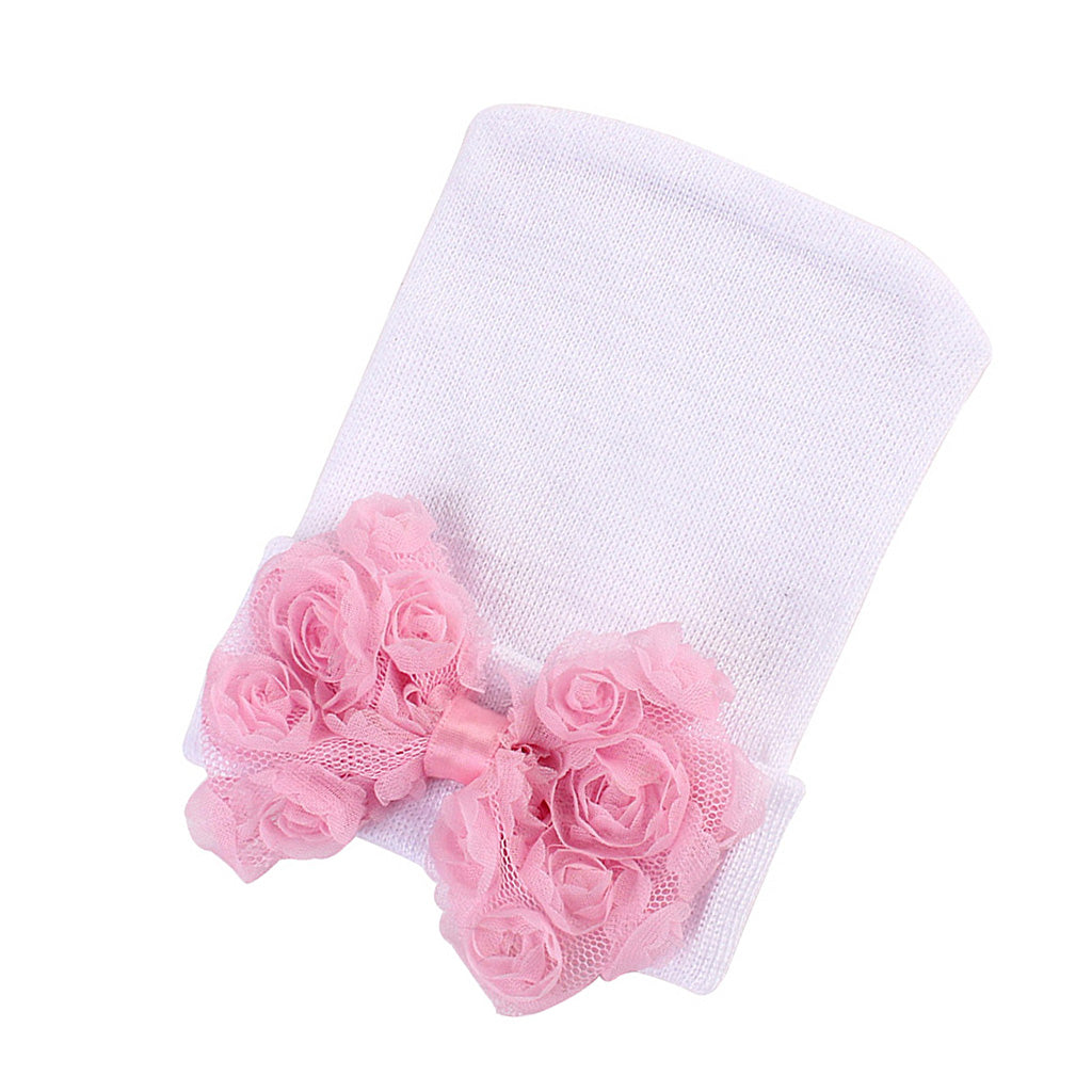 Cute Newborn Baby Hospital Hats Big Bow Knot Toddler Knit Cap White pink