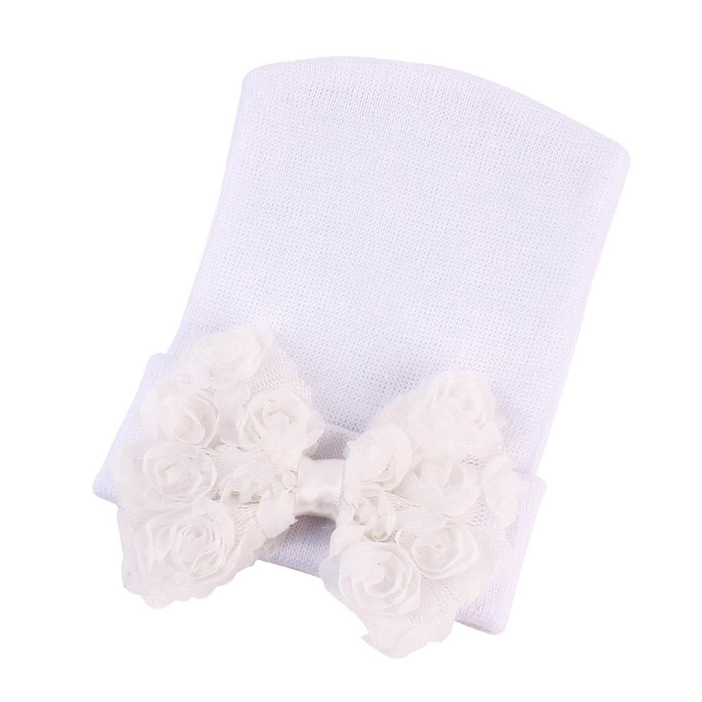 Cute Newborn Baby Hospital Hats Big Bow Knot Toddler Knit Cap White