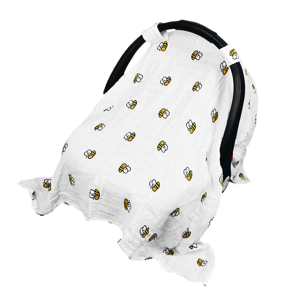 Baby Car Seat Cover, Unisex Large Breathable Cotton Muslin Canopy Bee
