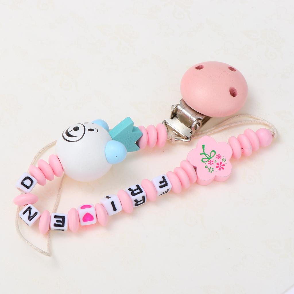 Wooden Dummy Clip Chain Pacifier Baby Gift Shower White bear head