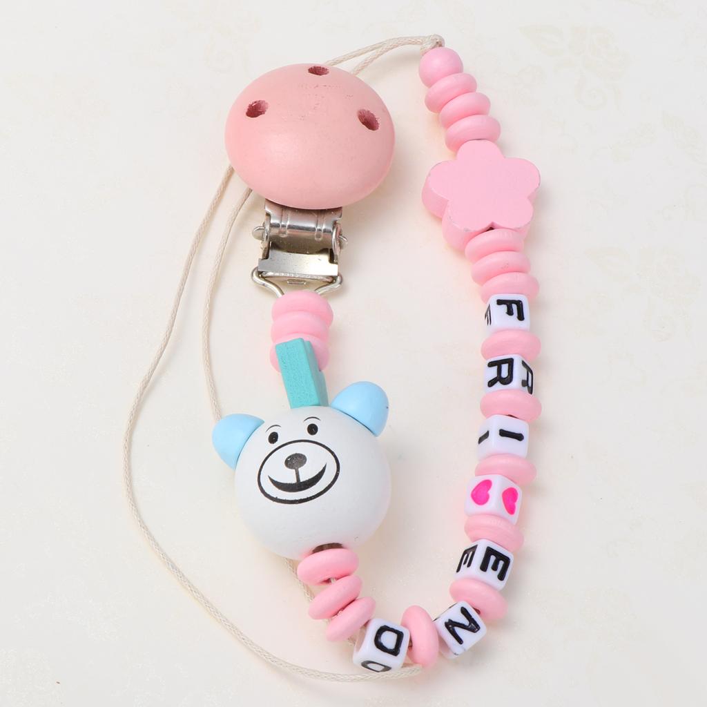 Wooden Dummy Clip Chain Pacifier Baby Gift Shower White bear head