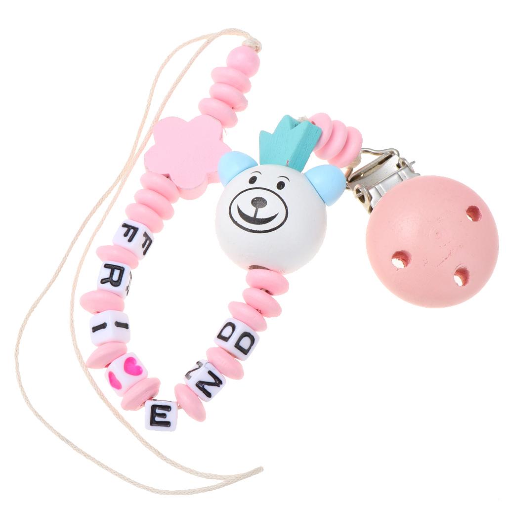 Wooden Dummy Clip Chain Pacifier Baby Gift Shower White bear head