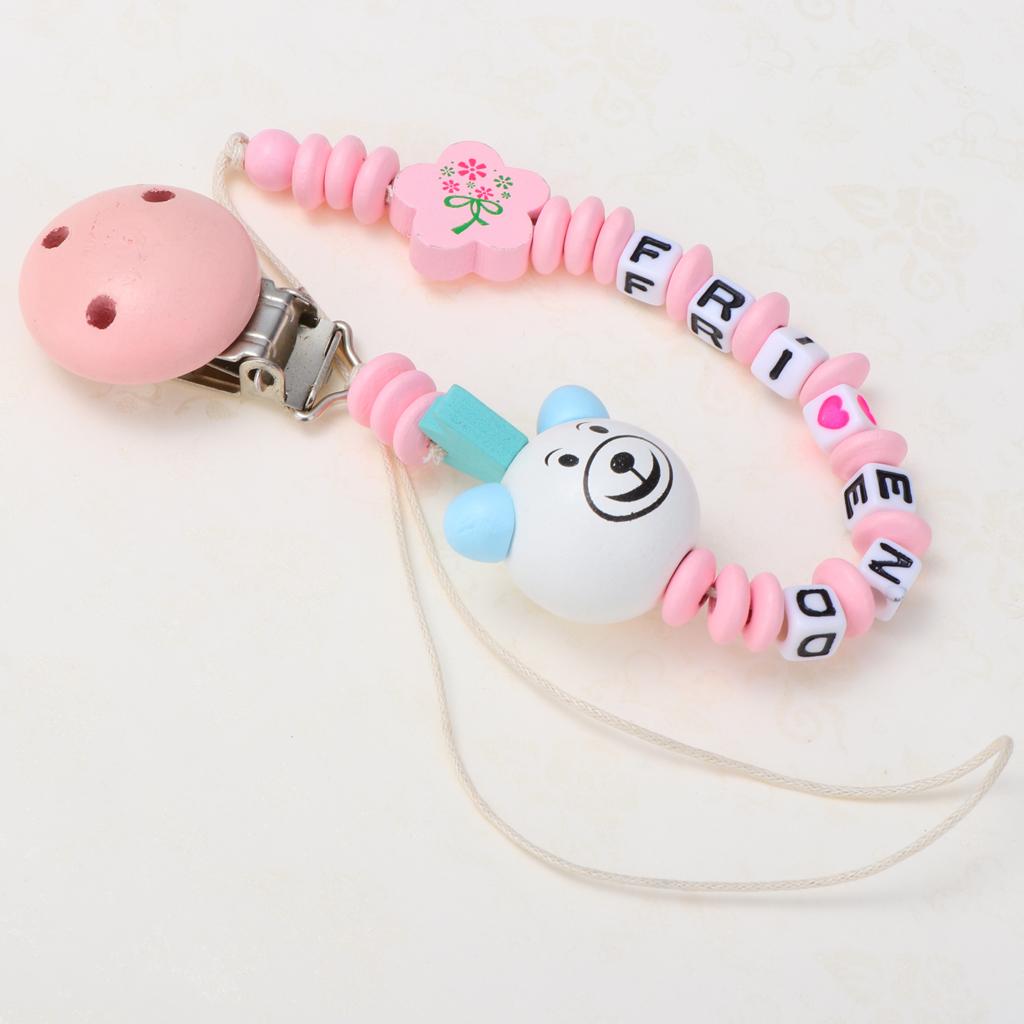 Wooden Dummy Clip Chain Pacifier Baby Gift Shower White bear head
