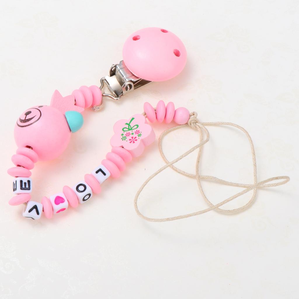 Wooden Dummy Clip Chain Pacifier Baby Gift Shower Pink