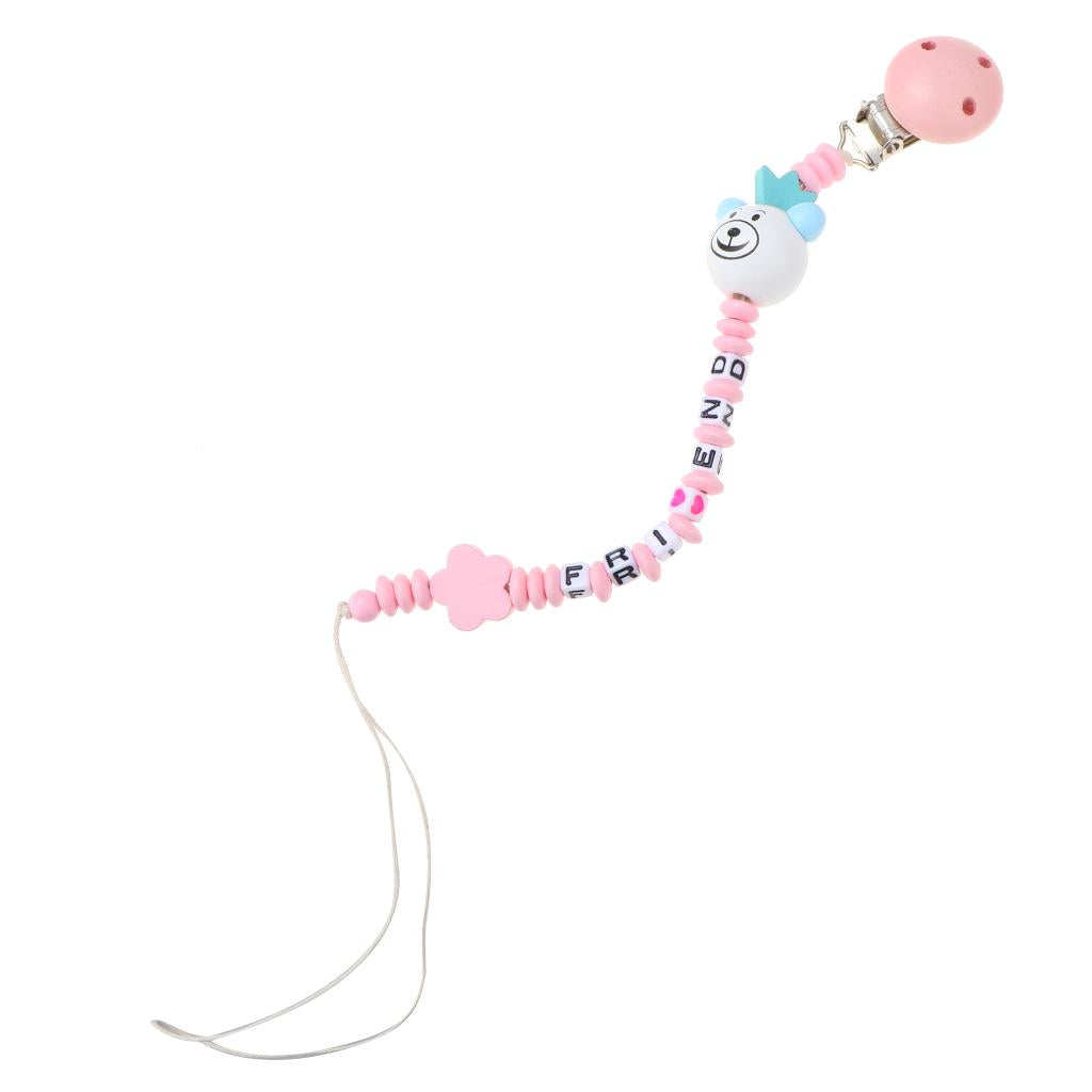 Wooden Dummy Clip Chain Pacifier Baby Gift Shower Pink