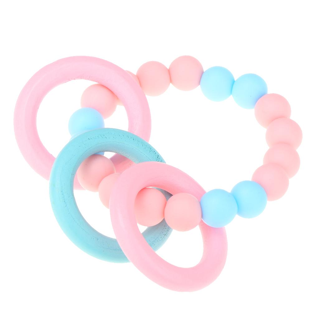Baby Teeth Silicone Bracelet Colorful Wooden Hand Ring Pink Sky blue