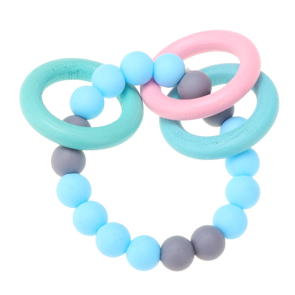 Baby Teeth Silicone Bracelet Colorful Wooden Hand Ring Sky blue Gray