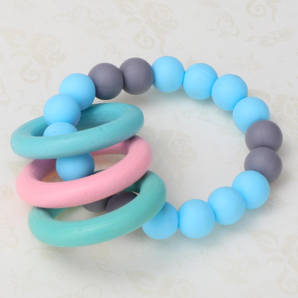 Baby Teeth Silicone Bracelet Colorful Wooden Hand Ring Sky blue Gray