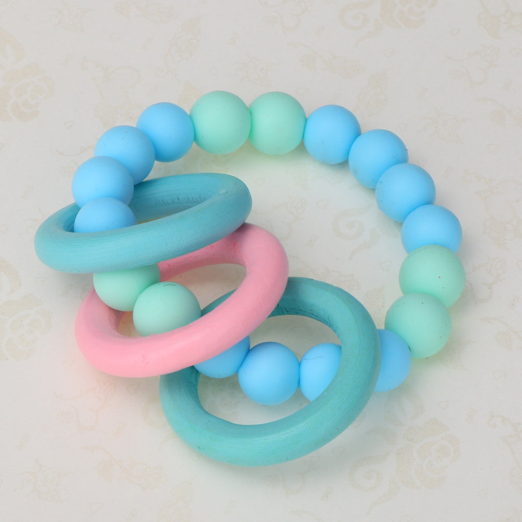 Baby Teeth Silicone Bracelet Colorful Wooden Hand Ring Sky blue Mint green