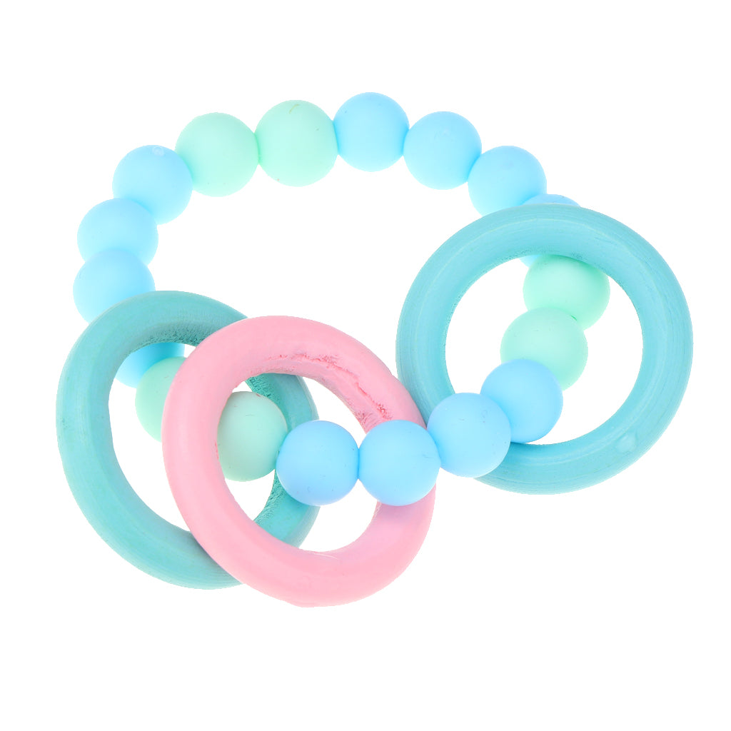 Baby Teeth Silicone Bracelet Colorful Wooden Hand Ring Sky blue Mint green