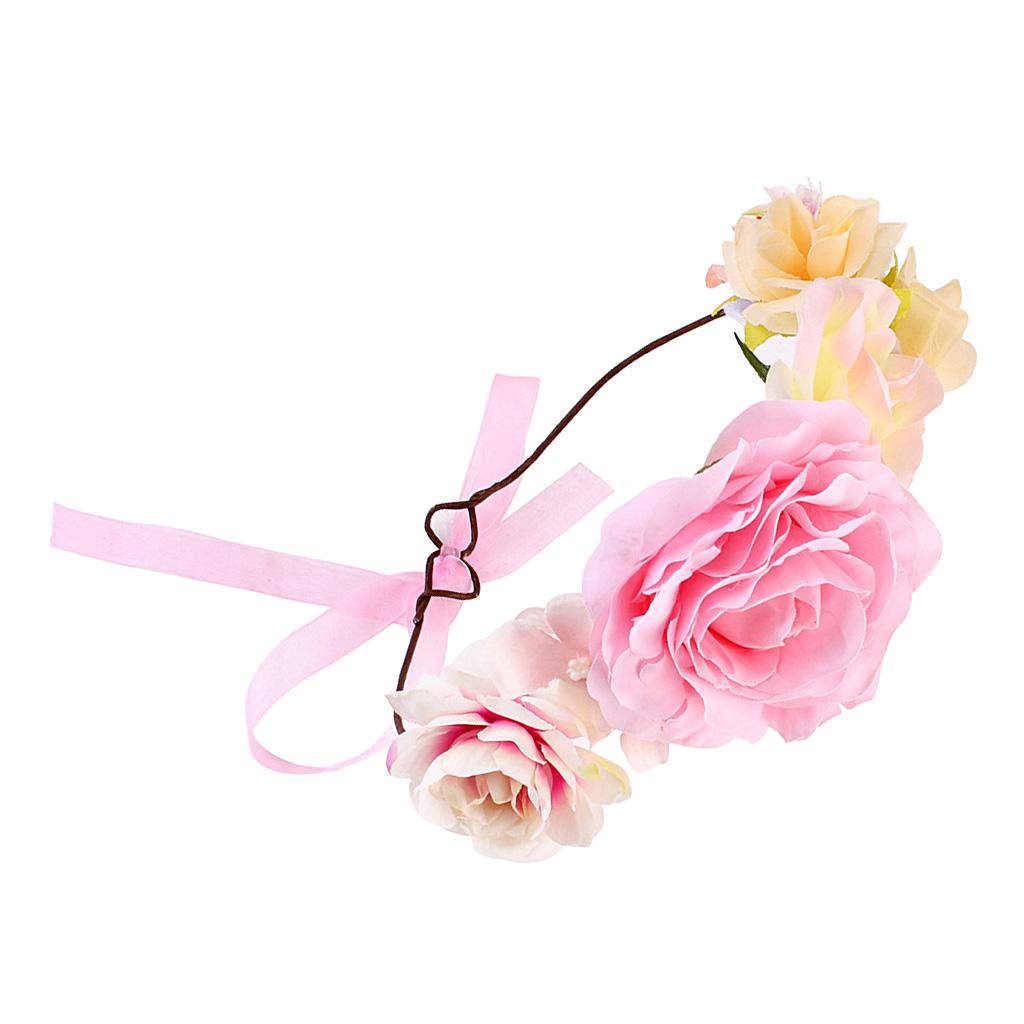Boho Women Beach Flower Wedding Garland Headband Pink (for Women)