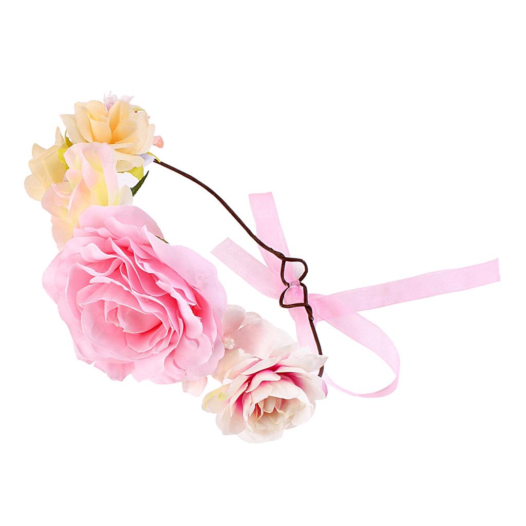 Boho Women Beach Flower Wedding Garland Headband Pink (for Women)