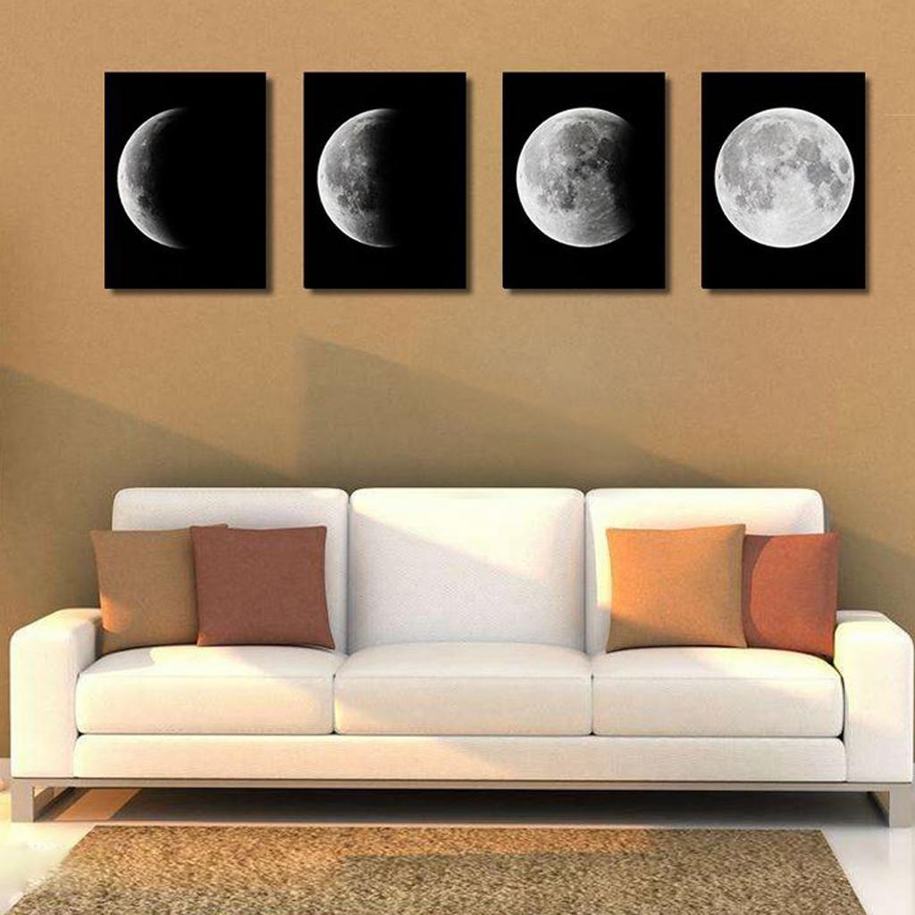 4pcs Modern Large Abstract Art Full Moon Space Black and White Pictures Canvas Oil Paintings for Home Office Decoration