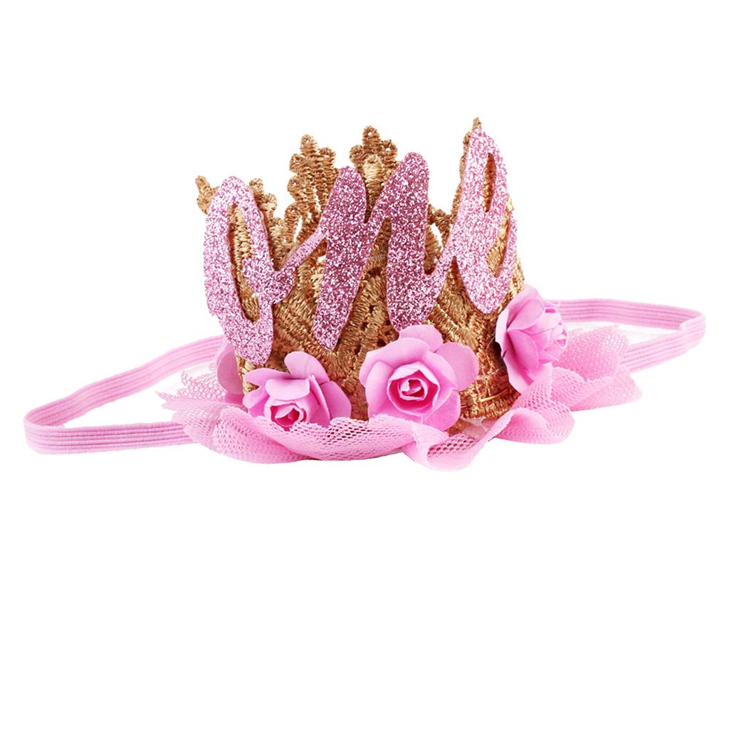 Sweety Baby Flower Golden Crown Birthday Headband Hair Accessories One Pink