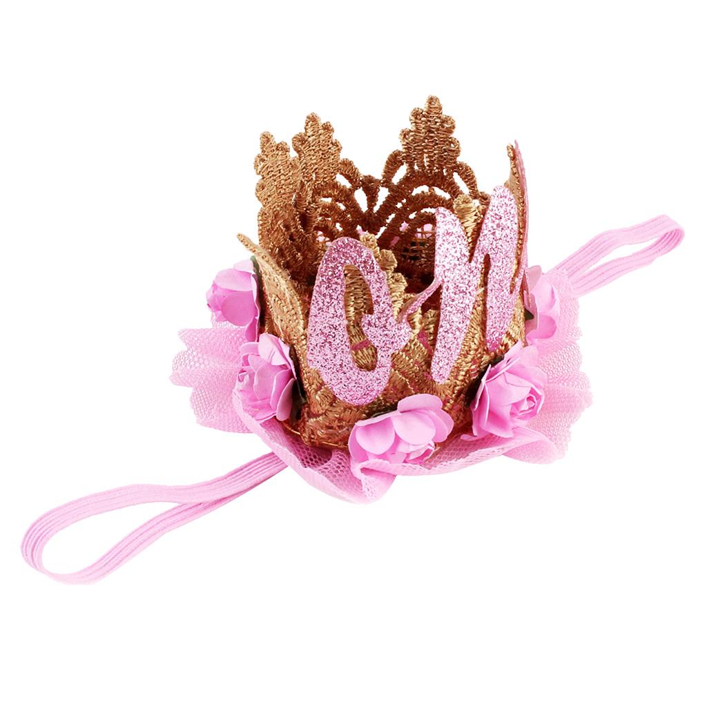 Sweety Baby Flower Golden Crown Birthday Headband Hair Accessories One Pink