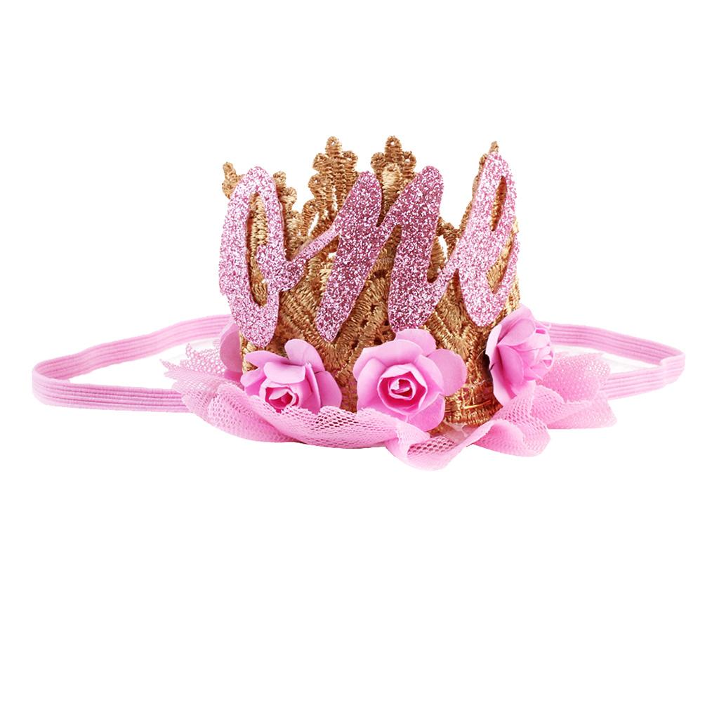 Sweety Baby Flower Golden Crown Birthday Headband Hair Accessories One Pink