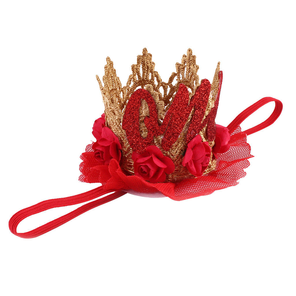Sweety Baby Flower Golden Crown Birthday Headband Hair Accessories One Red