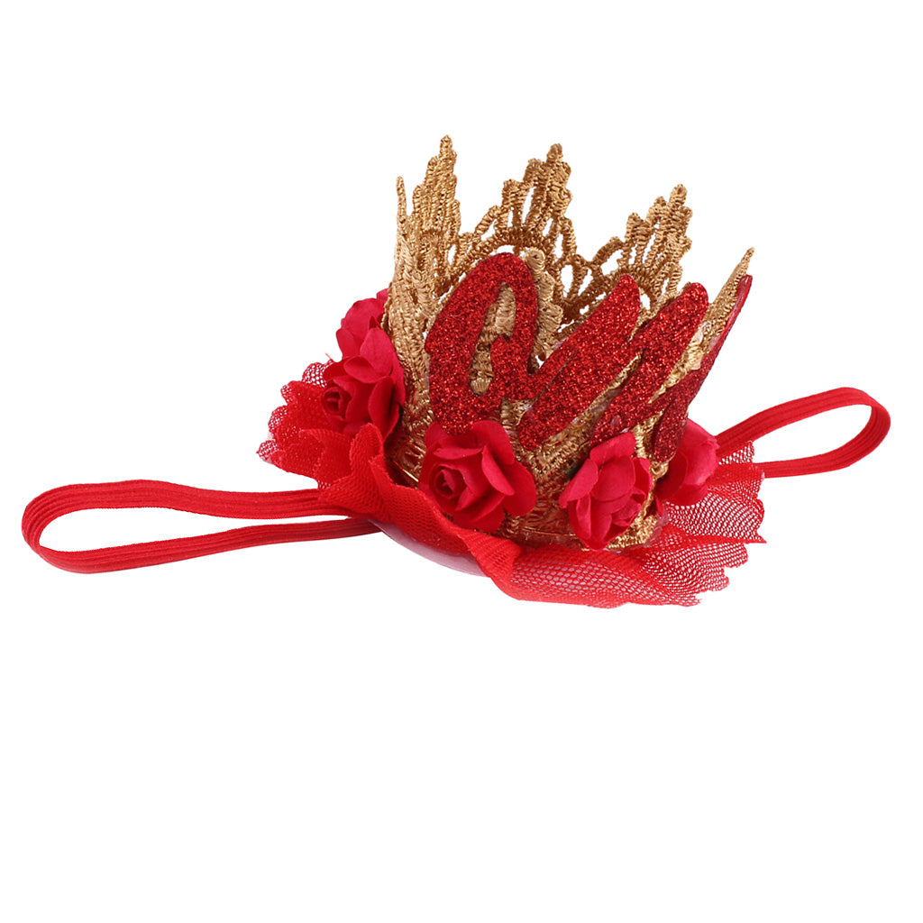 Sweety Baby Flower Golden Crown Birthday Headband Hair Accessories One Red