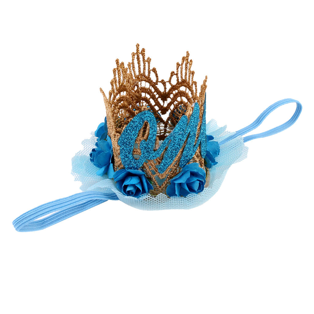 Sweety Baby Flower Golden Crown Birthday Headband Hair Accessories One Blue