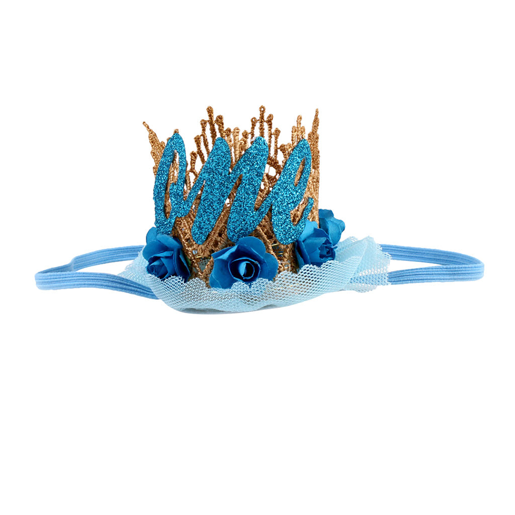 Sweety Baby Flower Golden Crown Birthday Headband Hair Accessories One Blue