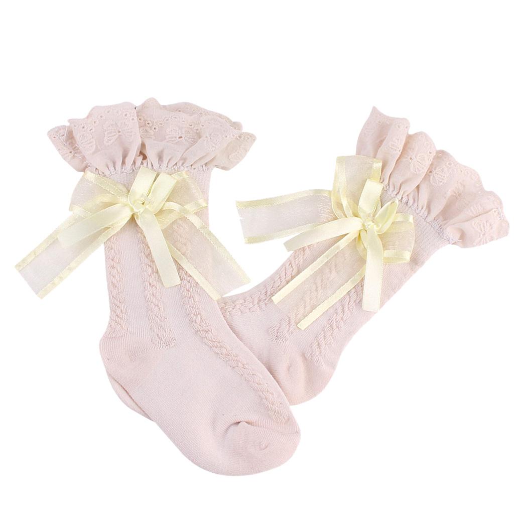 Baby Girls knee High Socks Ruffled Bow Toddler Babies School Socks 2-4T Beige