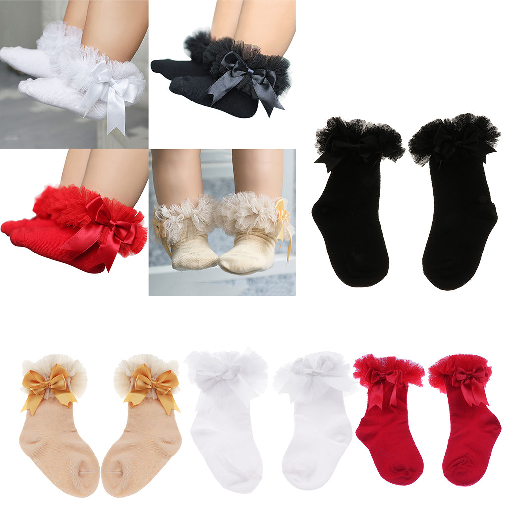 1 Pair Baby Kids Girls Layer Mesh Lace Bow Short Socks L (4-6 Years) Black
