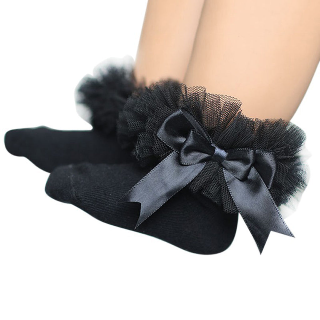 1 Pair Baby Kids Girls Layer Mesh Lace Bow Short Socks L (4-6 Years) Black