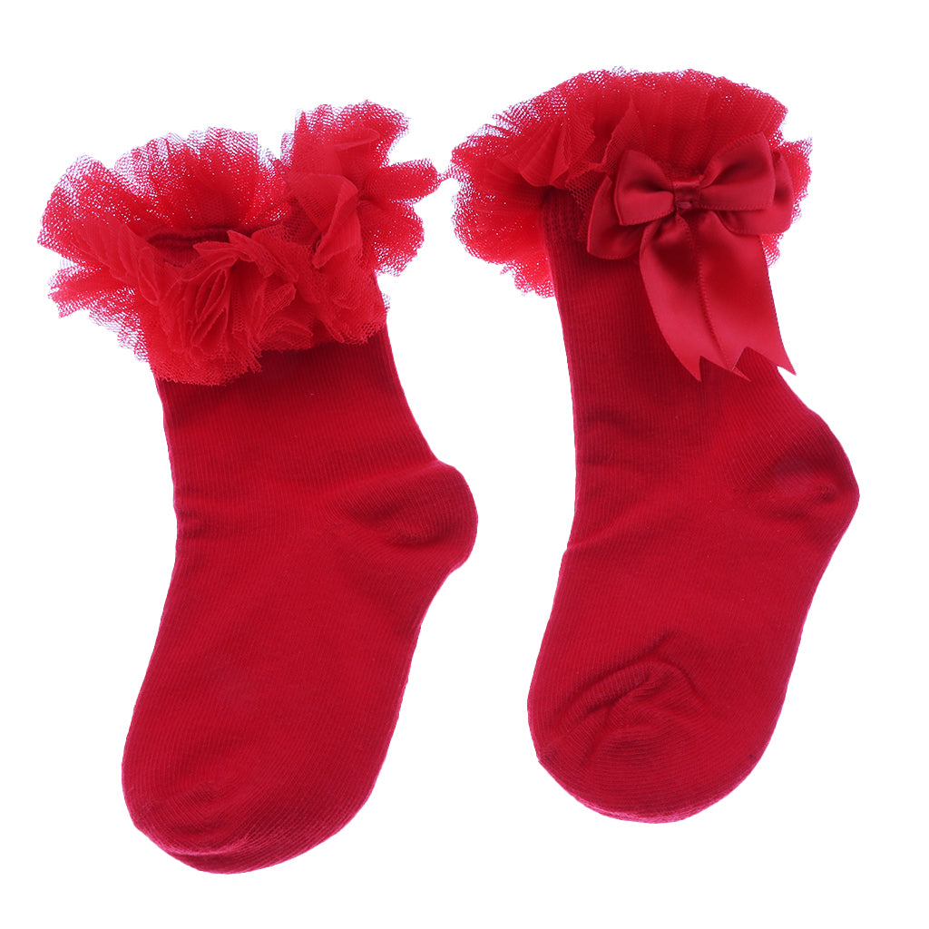 1 Pair Baby Kids Girls Layer Mesh Lace Bow Short Socks L (4-6 Years) Red