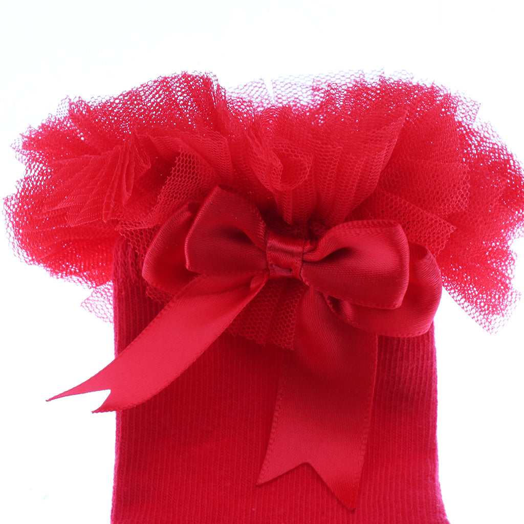 1 Pair Baby Kids Girls Layer Mesh Lace Bow Short Socks L (4-6 Years) Red