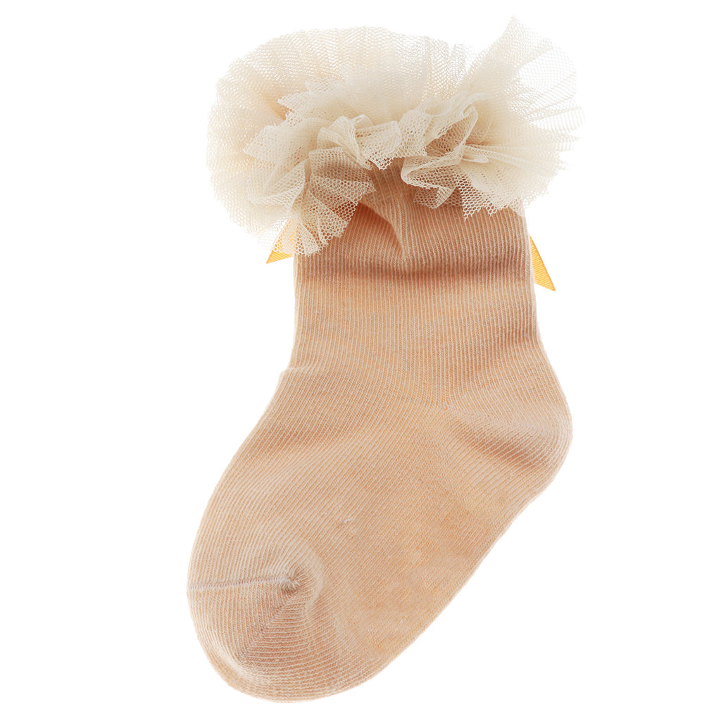 1 Pair Baby Kids Girls Layer Mesh Lace Bow Short Socks S (0-2 Years) Beige